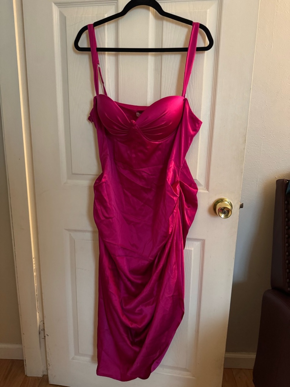 Fashion Nova Hot Pink Satin Midi Dress with Ruched Sides